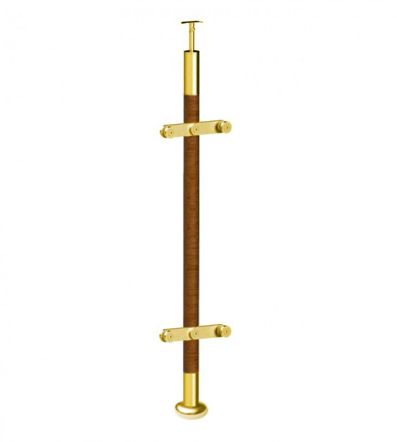 Стойка Inoxstore круглая, деревянная Ø 38,1х950 мм, с пластинчатыми стеклодержателями (двусторонняя), со вставками из нержавеющей стали AISI 304, покрытие под золото