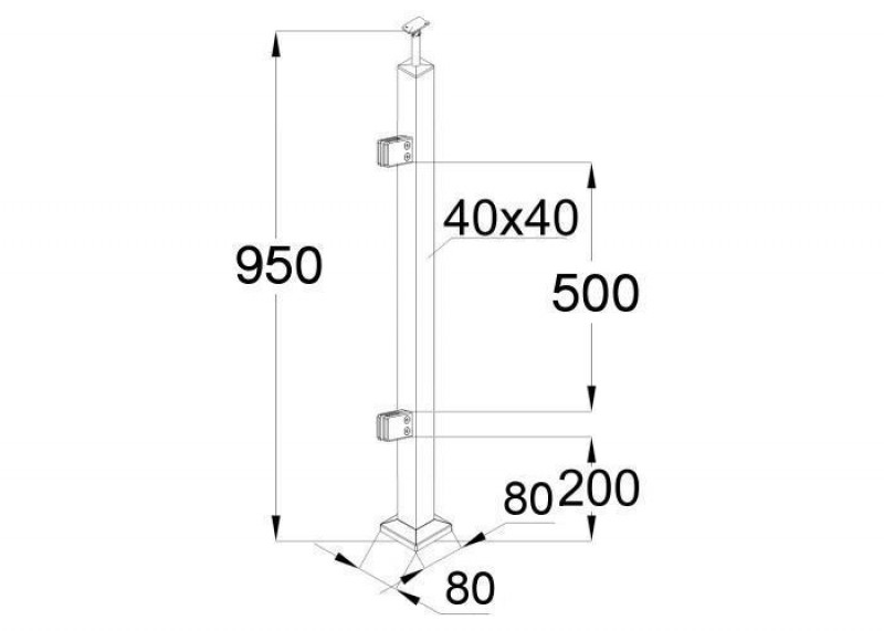 Стойка Inoxstore квадратная 40х40х950 мм из нержавеющей стали с 2 квадратными штамп. стеклодержателями (L монтаж)