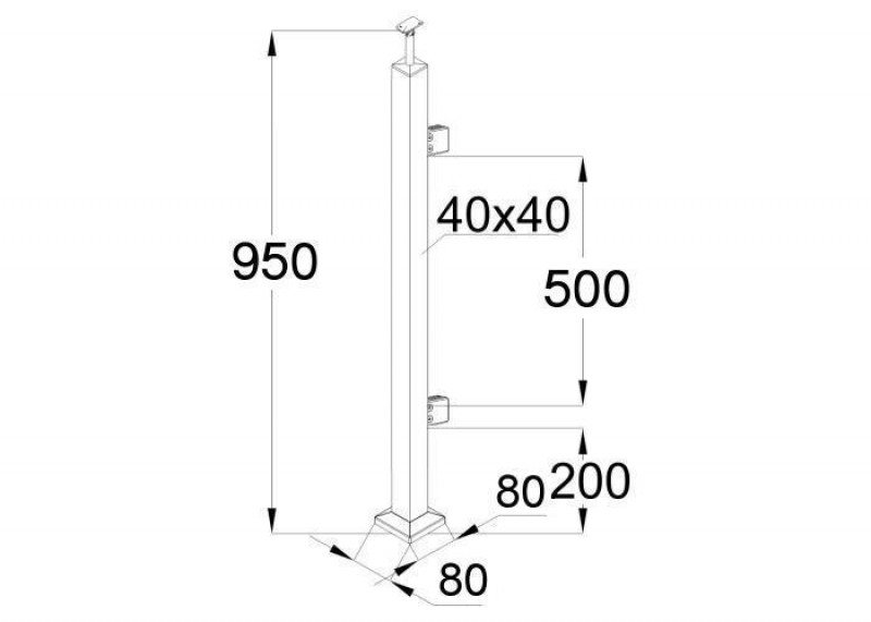 Стойка Inoxstore квадратная 40х40х950 мм из нержавеющей стали с 2 квадратными штамп. стеклодержателями (R монтаж)