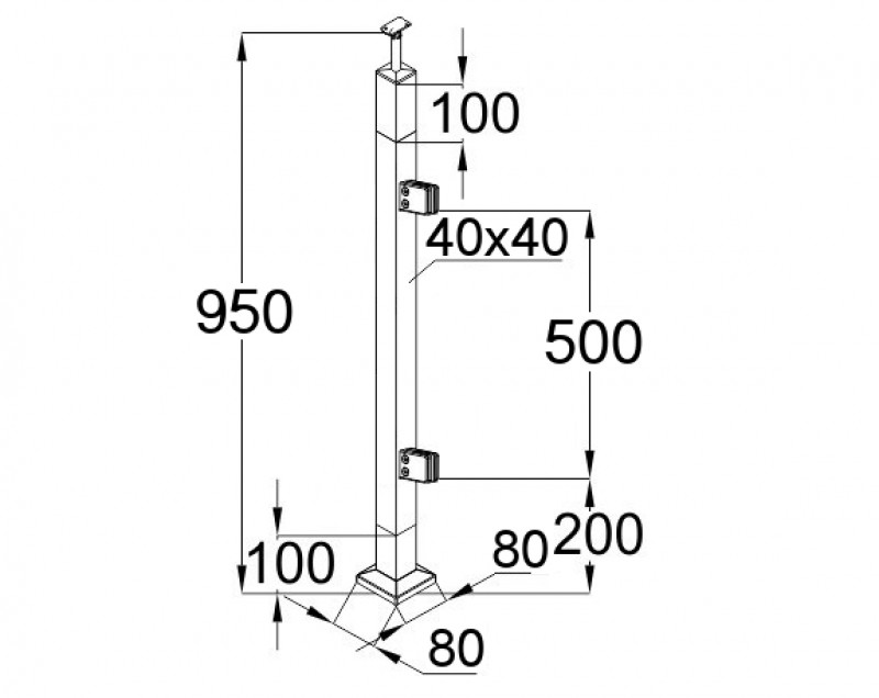 Стойка Inoxstore квадратная, деревянная 40х40х950 мм, с 2 литыми стеклодержателями ( R монтаж), со вставками из нержавеющей стали AISI 304