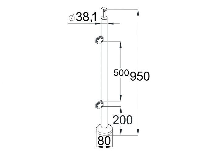 Стойка Inoxstore круглая Ø 38,1х950 мм, с 2-я штампованными стеклодержателями (L - крепление), полированная, AISI 304