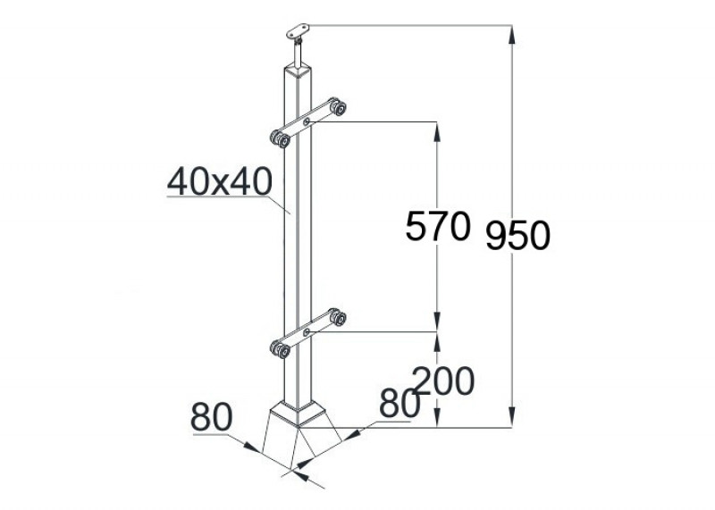 Стойка Inoxstore квадратная 40х40х950 мм из нержавеющей стали с 2 пластинчатыми стеклодержателями